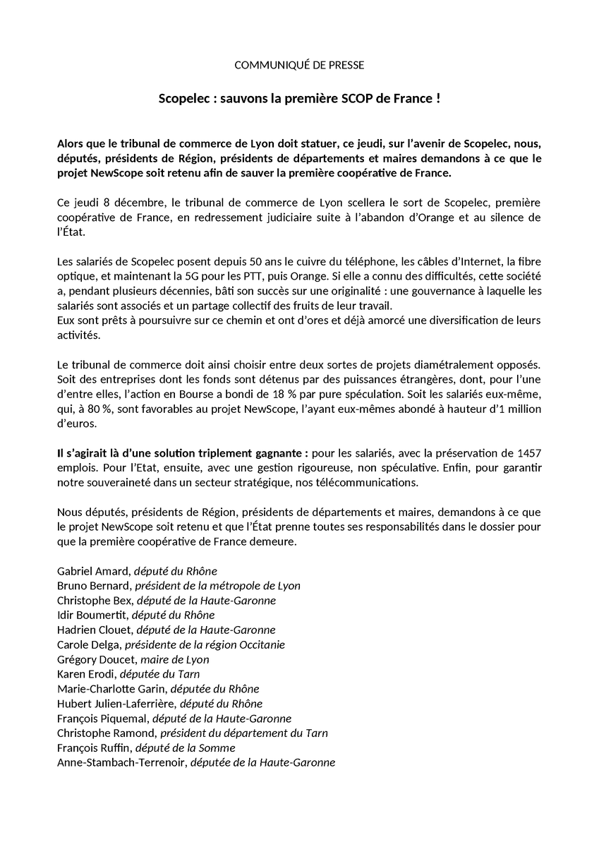 MC_Garin's tweet photo. Sauvons #Scopelec !
Ce jeudi, le tribunal de commerce de #Lyon doit statuer.
Avec plusieurs élus, nous demandons à ce que le projet NewScope soit retenu et que l'Etat prenne toutes ses responsabilités dans le dossier pour que la première coopérative de France demeure. https://t.co/A50u7psadn