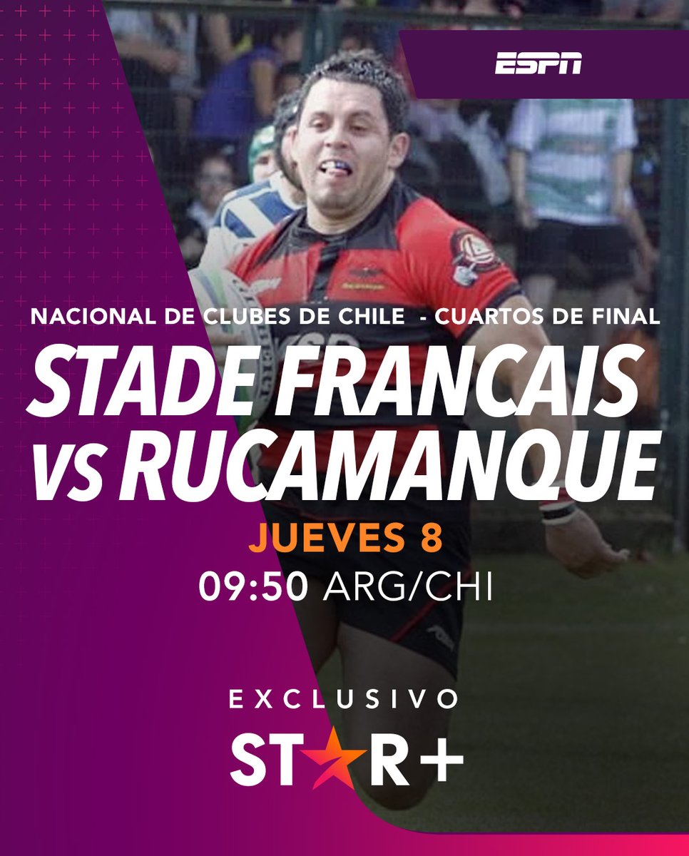 🇨🇱🏆 ¡Hay acción en los cuartos de final del Nacional de Clubes de Chile!

🆚 Stade Francais se mide ante Rucamanque.

📆 Jueves 8
⏰ 09:50 ARG/CHI
⭐ <a href="/StarPlusLA/">starplusla</a> 

#MiraloEnStarPlus <a href="/chilerugby/">☆ CHILE RUGBY</a>