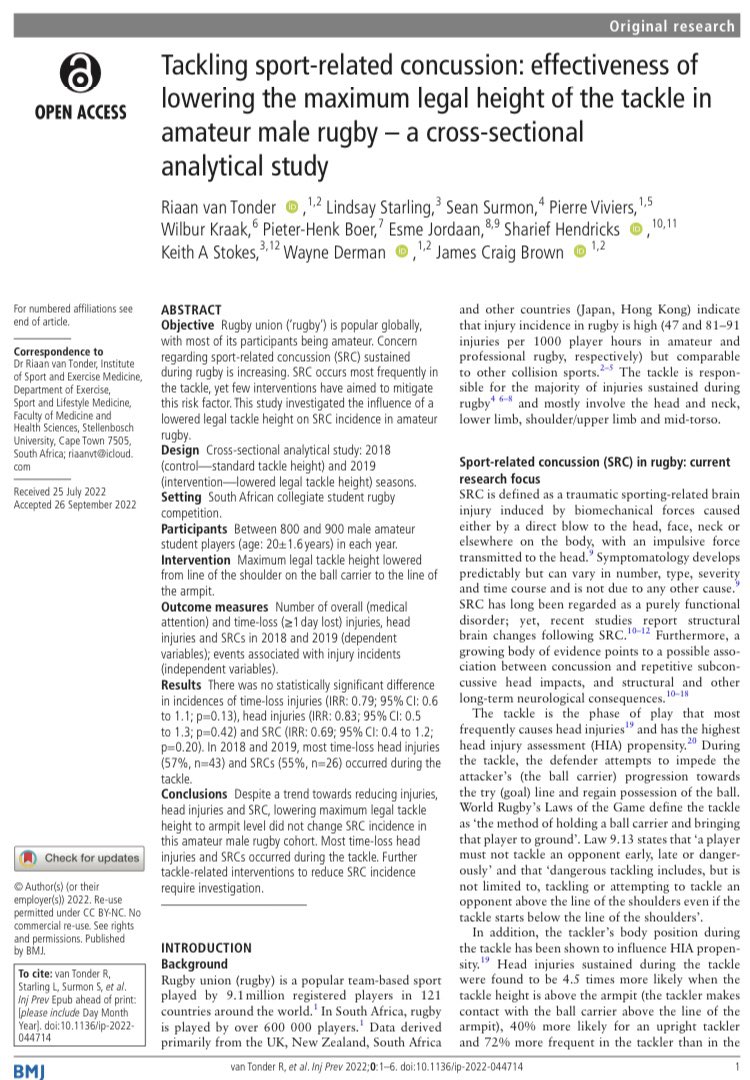 Sharief Hendricks 🇿🇦 (@sharief_h) on Twitter photo New Paper: Tackling sport-related concussion: effectiveness of lowering the maximum legal height of the tackle in amateur male rugby – a cross-sectional analytical study 🔓injuryprevention.bmj.com/content/early/… <a href="/RiaanvanTonder1/">Riaan van Tonder</a> <a href="/jamesbrown06/">Dr James C. Brown</a> 🏉🔬 New Paper: Tackling sport-related concussion: effectiveness of lowering the maximum legal height of the tackle in amateur male rugby – a cross-sectional analytical study 🔓injuryprevention.bmj.com/content/early/… <a href="/RiaanvanTonder1/">Riaan van Tonder</a> <a href="/jamesbrown06/">Dr James C. Brown</a> 🏉🔬