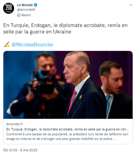 yekvucutcom's tweet photo. Fransız Le Monde gazetesi:

"Türkiye Cumhurbaşkanı Erdoğan diplomatik akrobasi yapıyor."

"Erdoğan, görkemli bir özgüvenle, altüst olmuş bir dünyanın kusurlarına dalmayı çok iyi başarıyor."

"Bush'u, Obama'yı ve Trump'ı kendi çizgisine çekti." https://t.co/G1O9C8hA9R