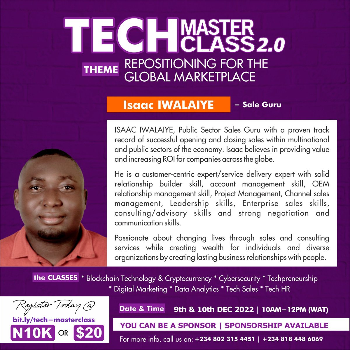 MasterclassTech's tweet image. Meet our Facilitators!

If you haven&apos;t registered, simply click the link below:
bit.ly/tech-mastercla…

And if you can&apos;t afford the fees, just reach out to us, we have willing sponsors.

You don&apos;t want to miss this!