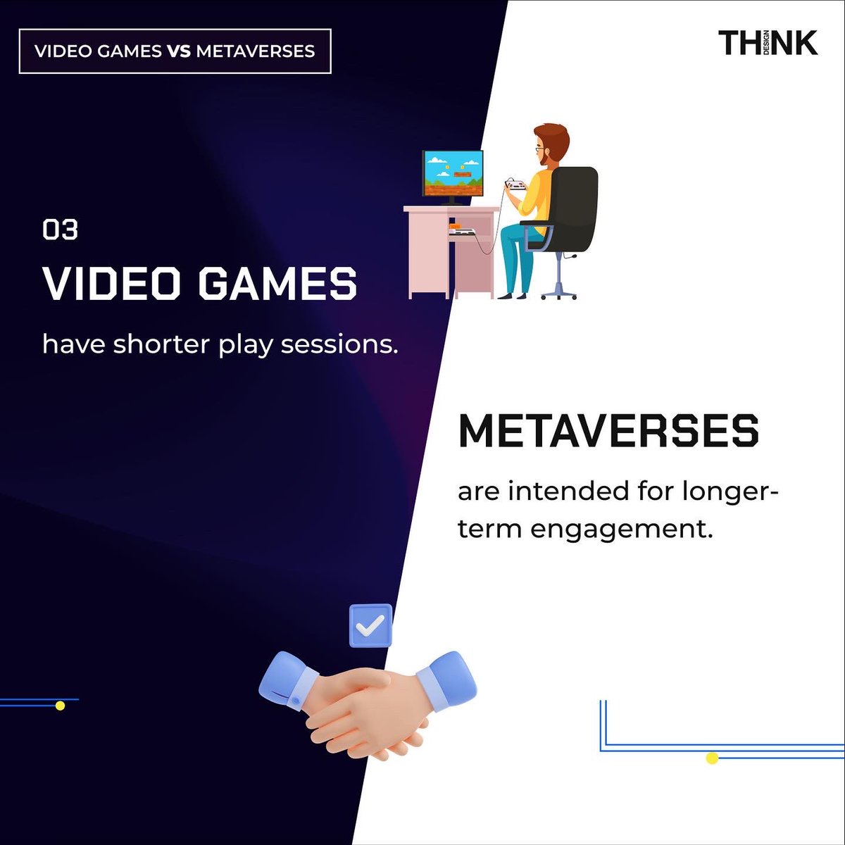 Did you know that the metaverse and video games have a lot in common? There are, however, significant differences. We'll go over a few of them in our post today. If you find any more, please let us know in the comments section!

#thinkdesign #metaverse #infographics #design