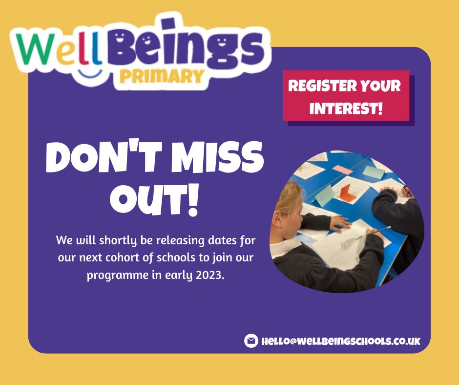 WellBeings__'s tweet image. ‼️Don't miss out on your chance to be in the next cohort of schools to join our innovative, science-backed #wellbeingprogramme in early 2023!🌟

👉Register your interest today to ensure you claim your spot: wellbeingschools.co.uk/register-your-…