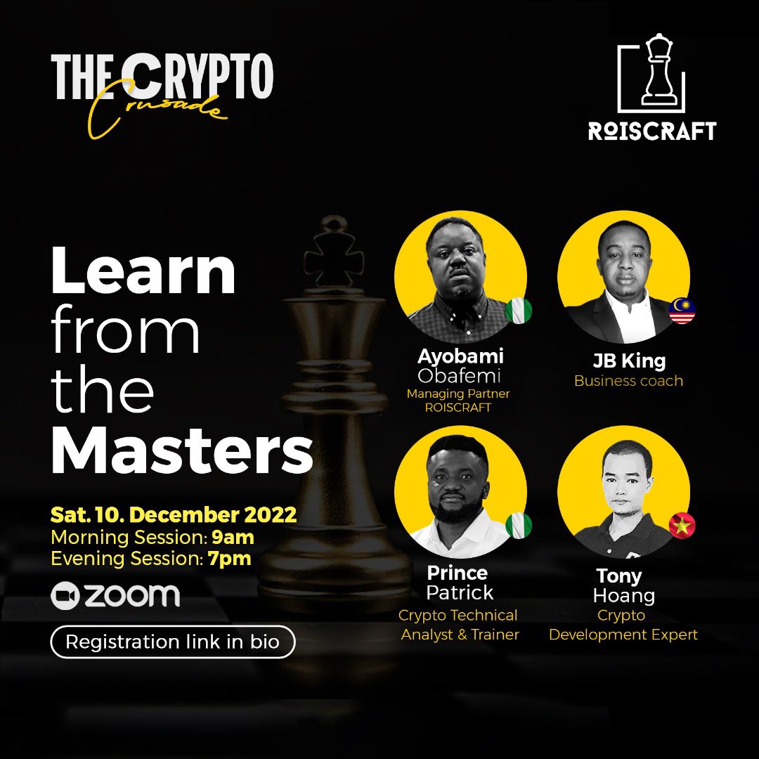 Apexwhalee's tweet image. Here’s an opportunity to come learn how to trade crypto without losing money, join the free webinar &apos;The Crypto Crusade&apos; on the 10th of Dec. let&apos;s #LearnFromTheMasters