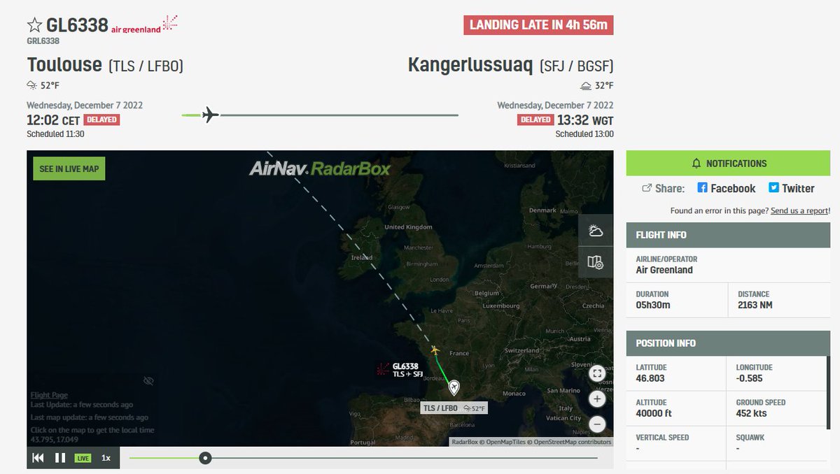Another Big day for <a href="/Airbus/">Airbus</a> as they deliver <a href="/AirGreenlandSAS/">Air Greenland</a> first A330-800neo. 

They are running a little late but you can track it using 
<a href="/RadarBoxCom/">RadarBox Is Now AirNav Radar</a> flight GL6338