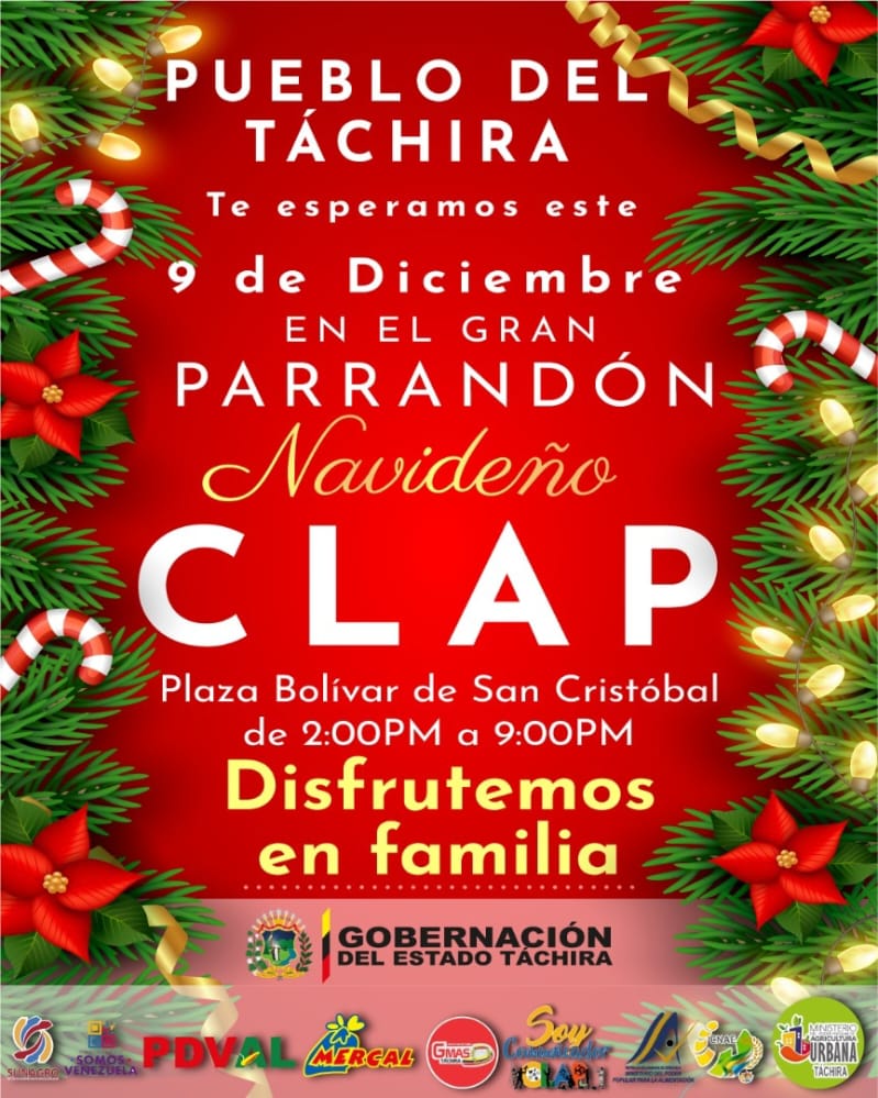No te lo pierdas te esperamos, #9Dic Plaza Bolívar de San Cristóbal a partir de las 2:00PM Disfrutemos en familia

¡NAVIDADES CON LOS CLAP!
#ClapTachiraDeParrandon 

<a href="/FreddyBernal/">Freddy Bernal</a>
<a href="/BermudezJoseA/">Bermúdez José</a>
<a href="/Gob_Tachira/">Gobernación del estado Táchira</a>