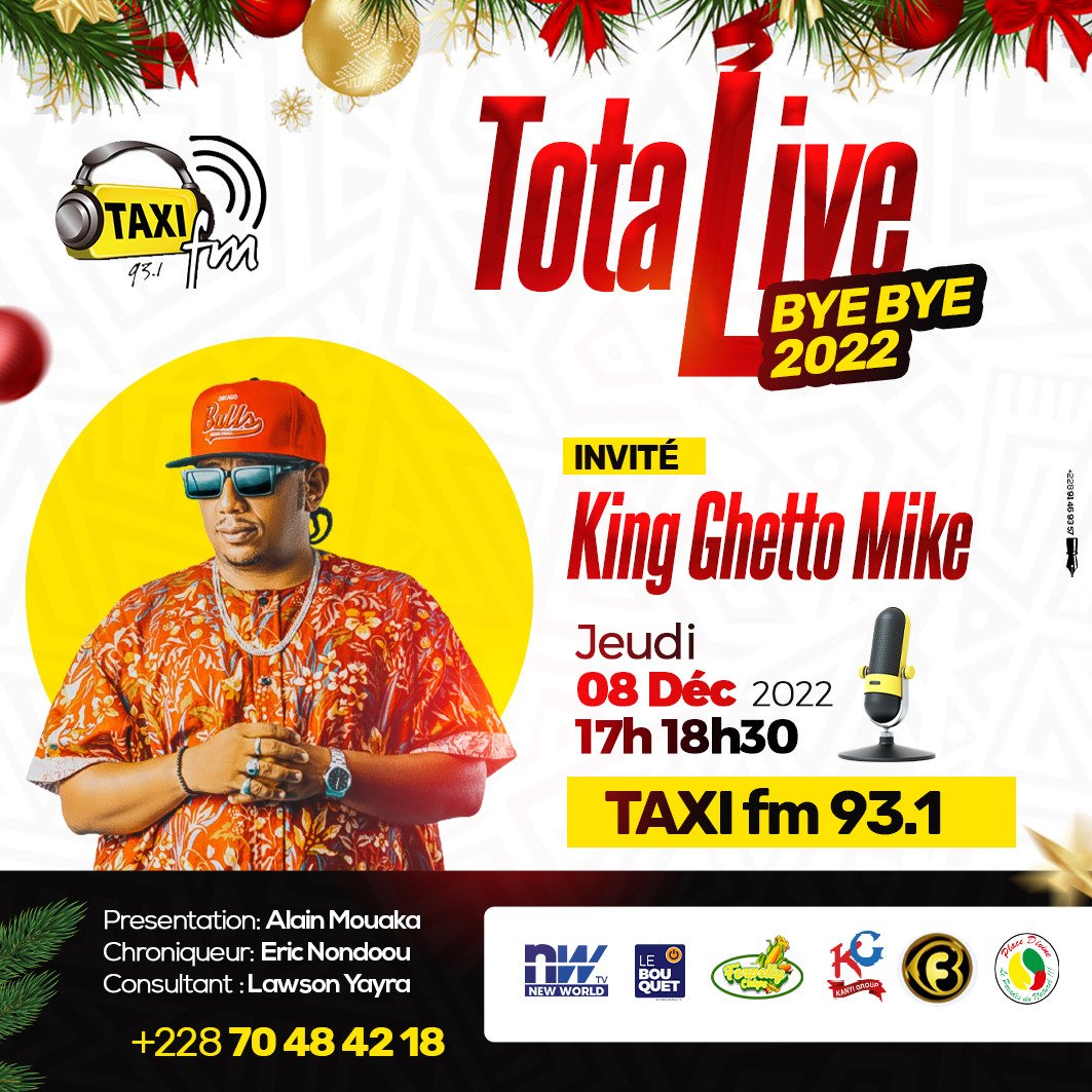 live_total's tweet photo. Ce jeudi 8 décembre à 17h GMT @Kingghettomike est à la maison🔥
Fou rire, musique live, défi, canular, cadeaux à gogo,  une aventure radio  à vivre à tout prix
🎧

#TotalLiveByeBye2022
#RadioTaxiFmTogo
#Byebye2022
#TotalLive 
#Decembre2022
🇹🇬 https://t.co/NxwvJUXXWT