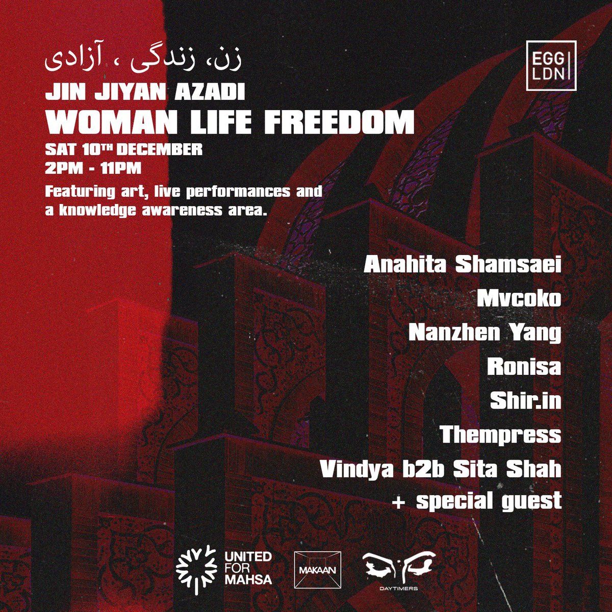 Daytimers (@daytimers_uk) on Twitter photo On Saturday (10th December) 2-11pm we take over 2 floors of <a href="/Egg_Club_London/">Egg London</a>
Learn about the Woman Life Freedom movement & how you can support it, plus join us for a protest rave!
Bring an open mind, a passion to impact change (& your ID!)
FREE TIX - ra.co/events/1627054 On Saturday (10th December) 2-11pm we take over 2 floors of <a href="/Egg_Club_London/">Egg London</a>
Learn about the Woman Life Freedom movement & how you can support it, plus join us for a protest rave!
Bring an open mind, a passion to impact change (& your ID!)
FREE TIX - ra.co/events/1627054