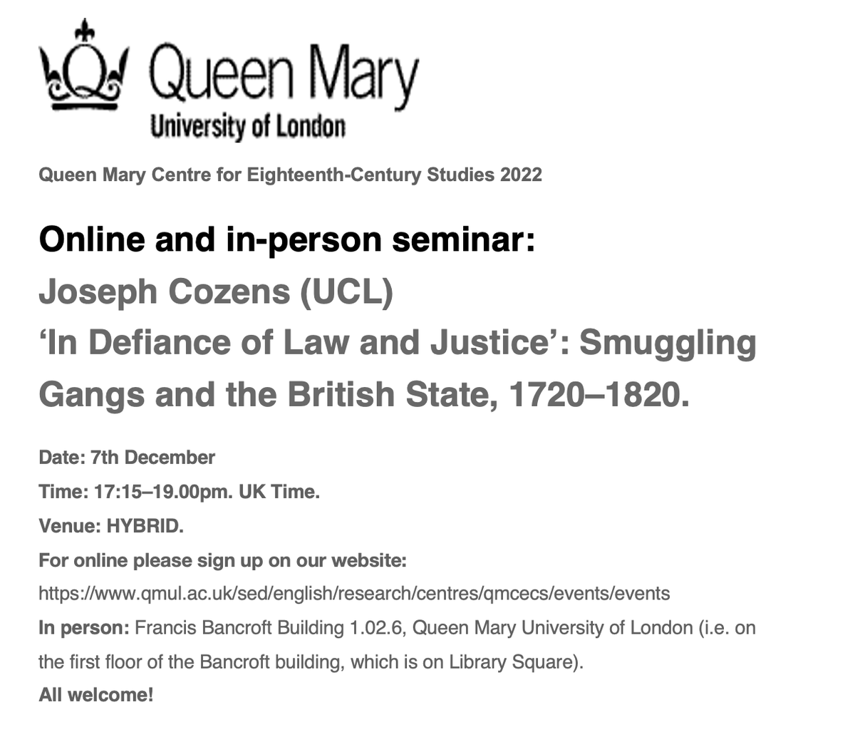 QMCECS seminar tonight: Joseph Cozens from UCL on Smuggling Gangs and the British State. In person and online. All welcome!