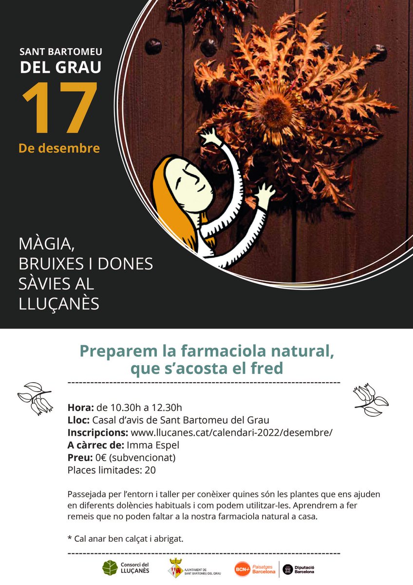 El proper dissabte 17 de desembre, en el marc de la proposta màgia, bruixes i dones seves al #Lluçanès, realitzarem un taller per aprendre a fer una farmaciola natural a casa.
Més informació i inscripcions al <a href="/Cons_Llucanes/">Consorci del Lluçanès</a> <a href="/ImmaEspel/">Imma Espel</a>
#sbg
