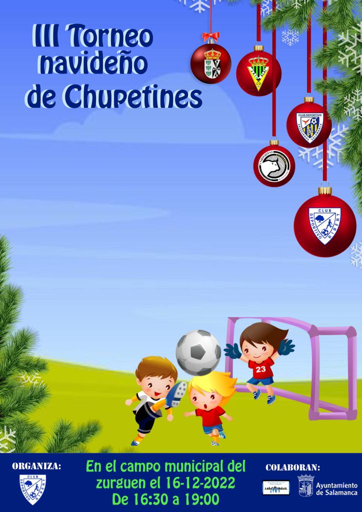 🏆 | Pequeños <a href="/UnionistasCF/">Unionistas de Salamanca CF</a> disputará el próximo viernes 16 de Diciembre el III Torneo navideño de Chupetines. 

Los equipos participantes serán: 

✅ <a href="/CDDoninos/">C.D Doñinos</a> 
✅ <a href="/C_D_JAIALAI/">C.D.Jai-Alai Bolívar</a> 
✅ <a href="/cdsalesalamanca/">Salesianos Salamanca</a> 
✅ <a href="/cdribert/">CLUB DEPORTIVO RIBERT</a> (organizador)

#ConstruyendoUSCF🏗️