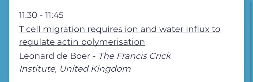 Superb talk by @Leonard_deBoer on how the ‘Osmotic Engine Model’ together with actin polymerisation helps T cells migrate, when induced by CCL21 🧫🧪 wish there was time for more questions to be read out! 

#bsi22 #Tcells #conference #PhD