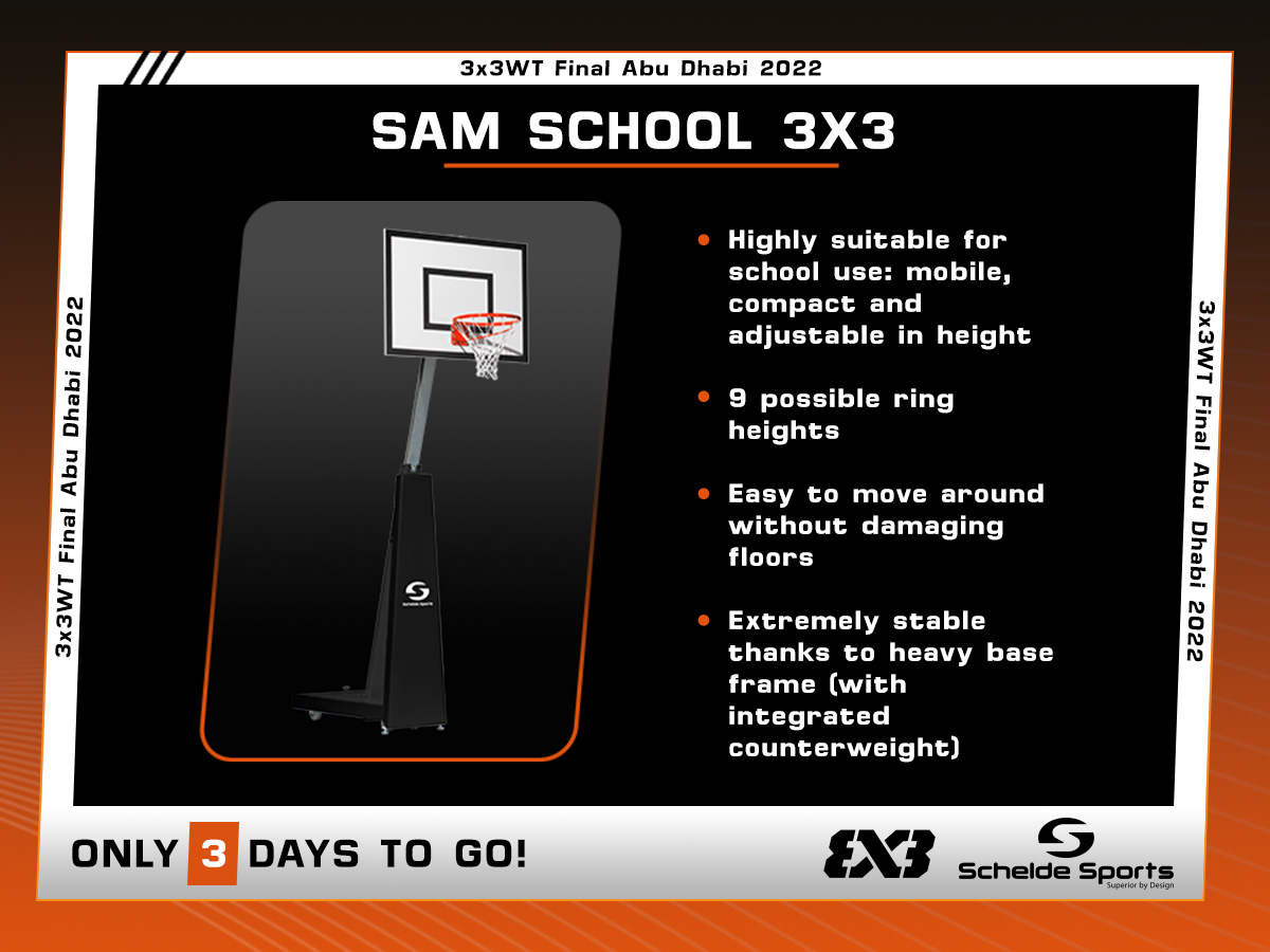 Only 3 days to go before the FIBA 3x3 World Tour Final begin in Abu Dhabi. In our 3x3 range, we have a backstop ready for any level of competition or event. The SAM School 3x3 is a highly suitable 3x3 backstop for school use: mobile, compact and adjustable in height.