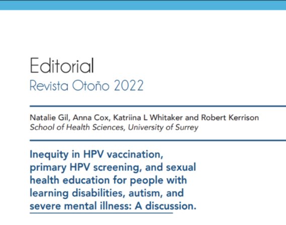 Delighted to have published the first paper from my PhD, an editorial discussing #inequity in #HPV #vaccination, primary HPV #screening & sexual health education for people with #learningdisabilities, #autism & severe mental illness, available @RqRJournal rqr.seapaonline.org/index.php/rqr/…