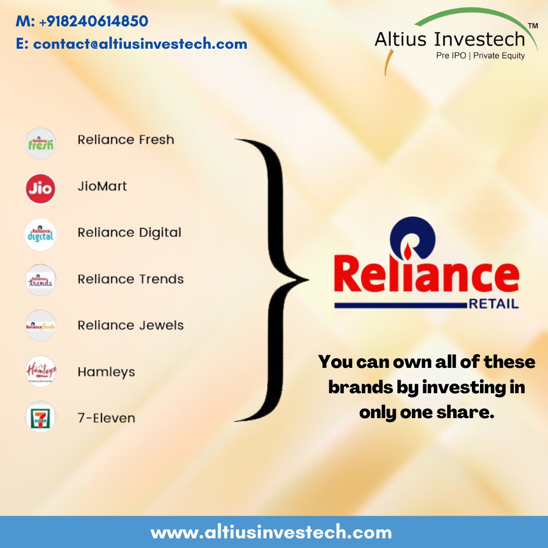 unlistedshares1's tweet photo. Invest in Pre-IPO shares of Reliance Retail with Altius.

Website: https://t.co/G3Paixwehm
Contact No: +91 8240614850
Email: support@altiusinvestech.com

#RelianceRetail #Pre-IPO #AltiusExplains https://t.co/bmWjujsona