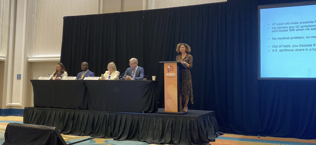 #AIBD2022 Had the privilege to moderate a ⭐️panel⭐️ ✅Asymptomatic ileitis 🔦Aphthous ulcers 🔑Rarely ⏩clinical CD 🔑Limited w/up 🚫Label as CD, no need to treat ✅Mild #Crohns 🔑Def👇🏽 🔑Occ ⏩ to complex Crohns, should monitor regularly 🔑Rx:🚭, diet, budesonide, 5ASA, VDZ