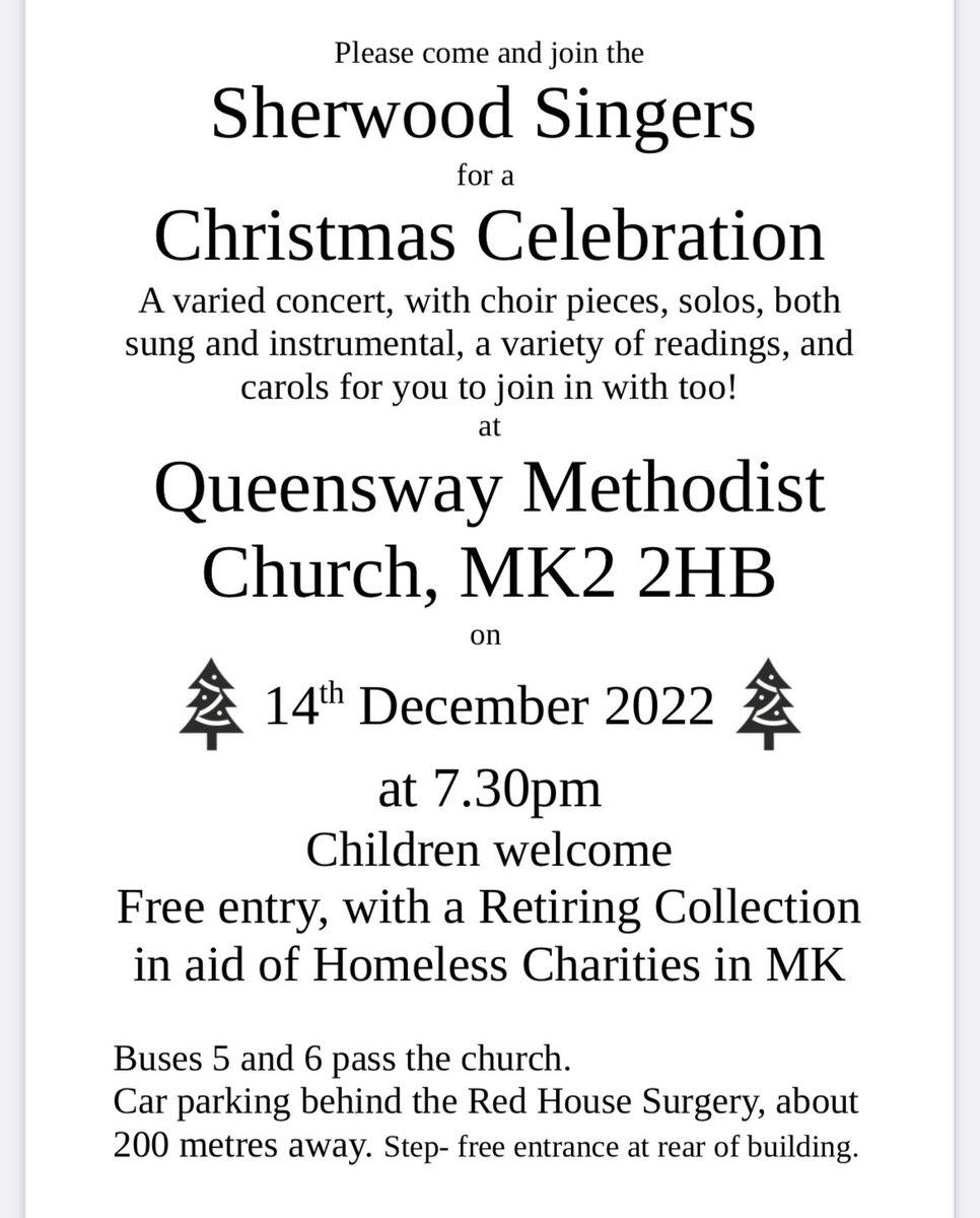 #JoinTheFun The Sherwood Singers  are hosting a free Christmas Celebration at 19.30 on Wednesday 14 December at Queensway Methodist Church Bletchley. There will be a collection for #TheBusShelterMK and Winter Night Shelter MK #festivefavourites #festivefundraiser 🎄🎶🎗️🙏