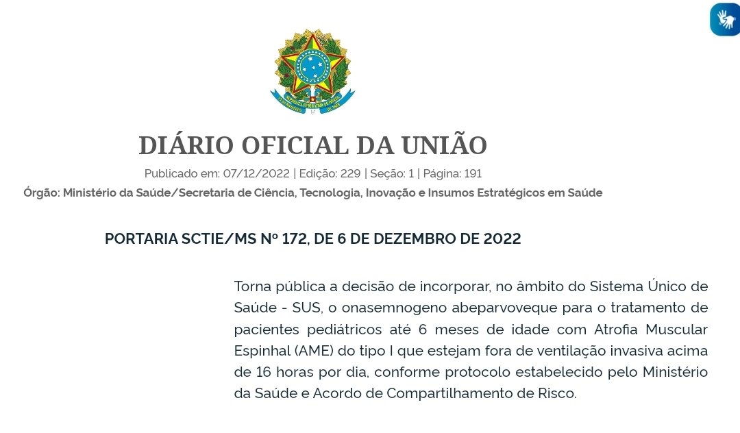 mqueiroga22's tweet photo. O @minsaude publicou hoje a portaria que incorpora, definitivamente, o Zolgensma ao SUS. A tecnologia usada para o tratamento da AME (Atrofia Muscular Espinhal) recebeu parecer favorável da Conitec no último dia 1° e, em menos de uma semana, o medicamento é incluído ao SUS. https://t.co/vWKr7Mg8rM