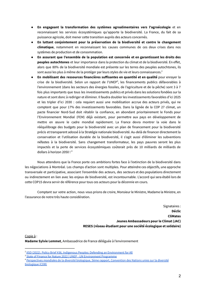 La #COP15 #biodiversité s'ouvre à Montréal.
Avec @CliMates_intl @le_RESES et les Jeunes Ambassadeurs pour le Climat #JAC nous demandons à <a href="/ChristopheBechu/">Christophe Béchu</a> <a href="/BCouillard33/">Bérangère Couillard</a> que la 🇫🇷 joue un rôle moteur dans ces négociations et agisse à la hauteur de la détresse de nos écosystèmes⤵️