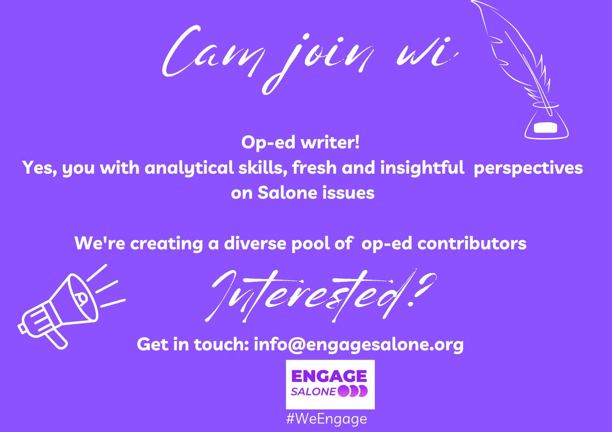 Diversity of thought is one of our values at Engage Salone. And we mean it. That's why we are creating a diverse pool of op-ed writers and contributors. Are you  interested? Please get in touch. #DiversityofThought #WorkinProgress #WeEngage #SierraLeone