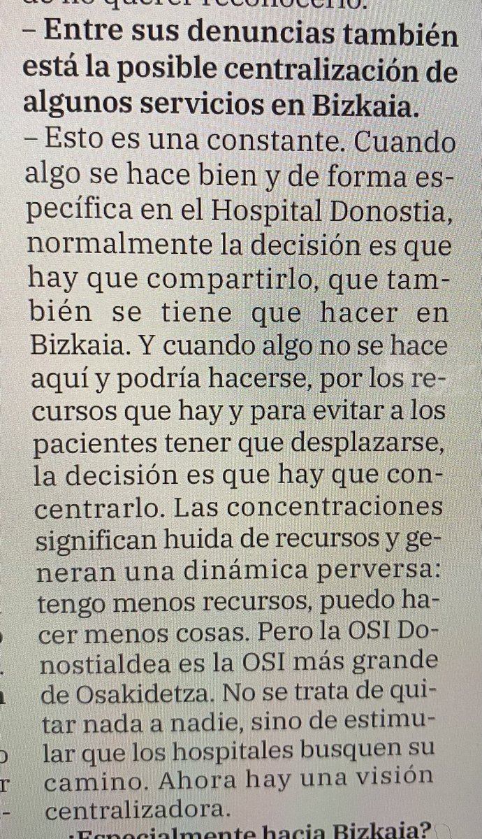 PedroGabilondoP's tweet photo. Declaración muy clarificadora de Adolfo López de Muniain, jefe de Neurología del Hospital Gipuzkoa sobre la ‘bilbanización’ que está realizando Osakidetza https://t.co/nhzsUGEyFs