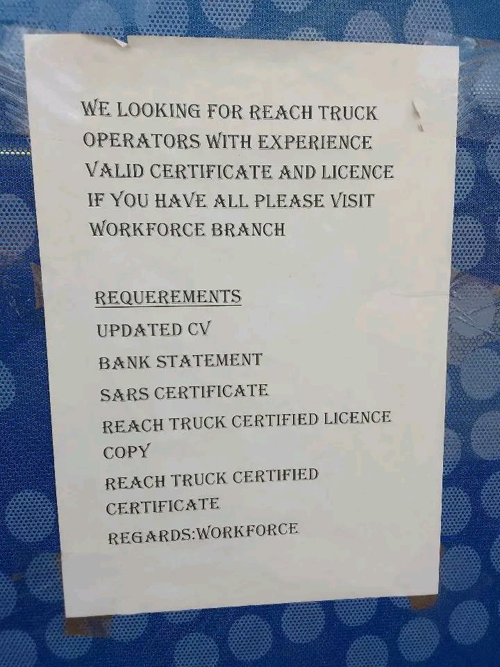 RMakukuli's tweet photo. 📍Workforce - Rosslyn

We are looking for the following category Age 34-45

Reach Truck Operator x20
Code 10 Drivers with PDP x20
Code 14 Operators PDP x20
Forklift Operators x20
General Workers x40

Kindly visit our office https://t.co/JS6DmL1g8M