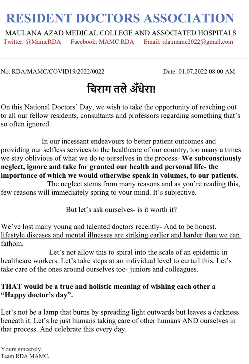 FordaIndia's tweet photo. Medicos committing suicide is slowly becoming a silent epidemic. Awareness alone isn’t the solution, it’s a small part of the bigger problem. Policy change, attitude change (of seniors), augmentation of infrastructure with better living conditions etc are needed. Rest in peace. https://t.co/CBU3HvVCyH