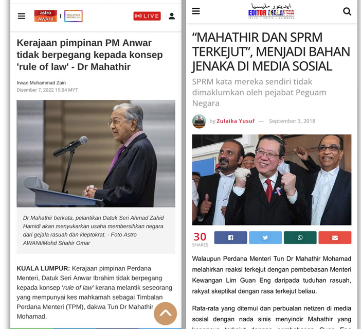 Poda.

Tun M kata Anwar tak pegang pada "rule of law" sebab lantik Zahid yang sedang hadapi kes mahkamah 

Ini bermakna bhw Tun M juga tak pegang pada "rule of law" sbb dia lantik Guan Eng yang turut hadapi kes rasuah mahkamah sbg Menteri Kewangan utk jaga duit Rakyat.

Poda x2.
