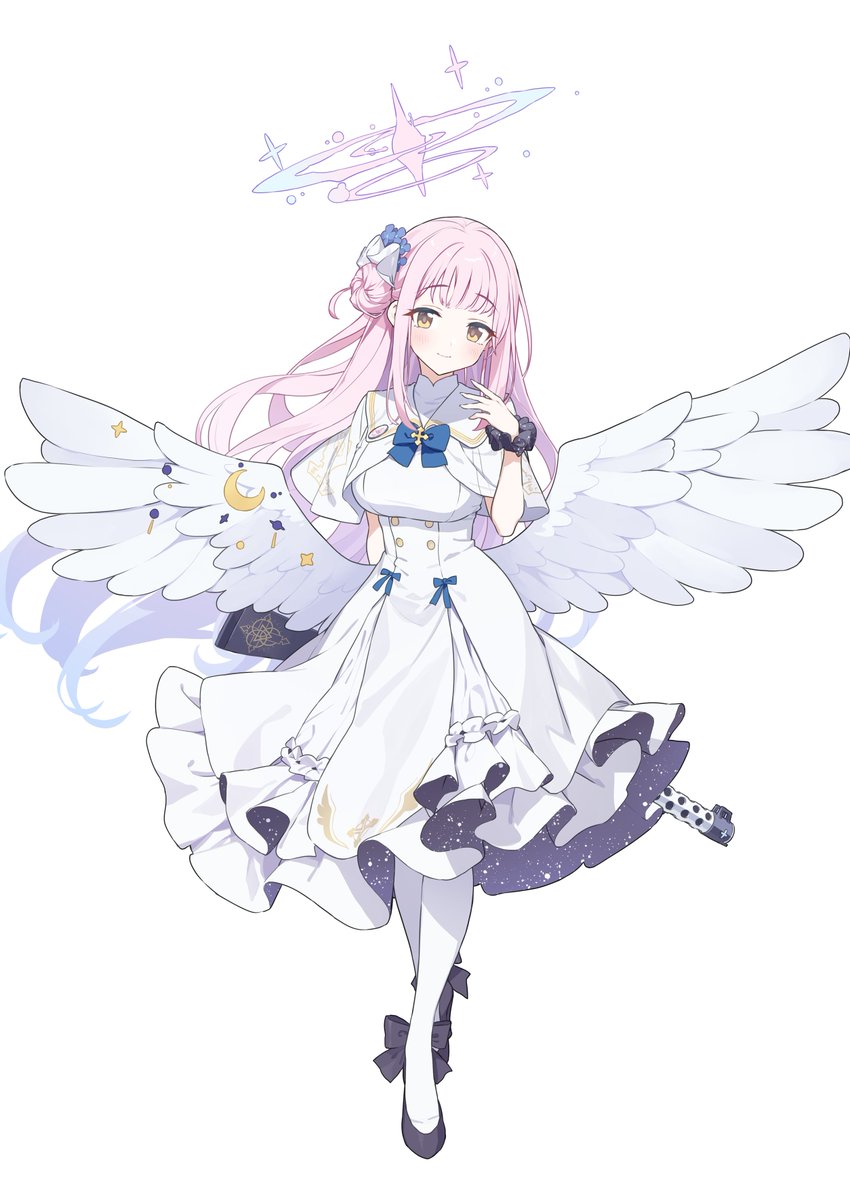 mika (blue archive) 1girl solo pink hair wings dress long hair wrist scrunchie  illustration images