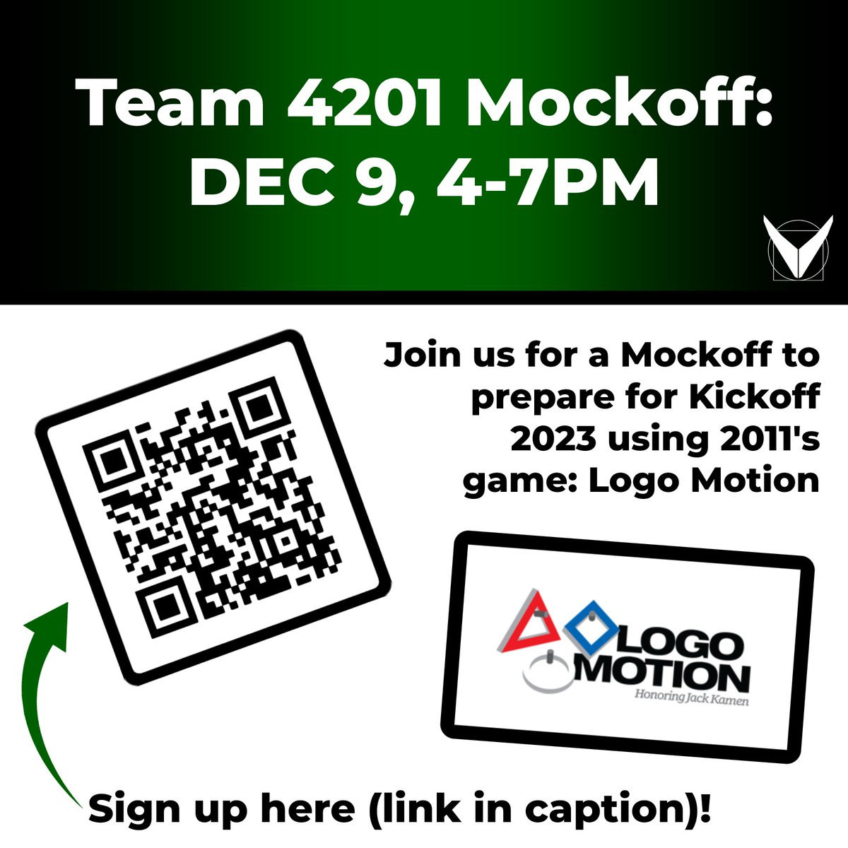Team4201's tweet photo. Join us Friday, December 9 from 4 to 7pm for a Mockoff. We will be analyzing and running through initial stages of strategy for 2011's game, Logo Motion! Sign up here: https://t.co/knclNrryEi
#OMGRobots #FIRSTinCA #MoreThanRobots #Team4201 #FIRSTCalifornia https://t.co/iMOFJKIeEh