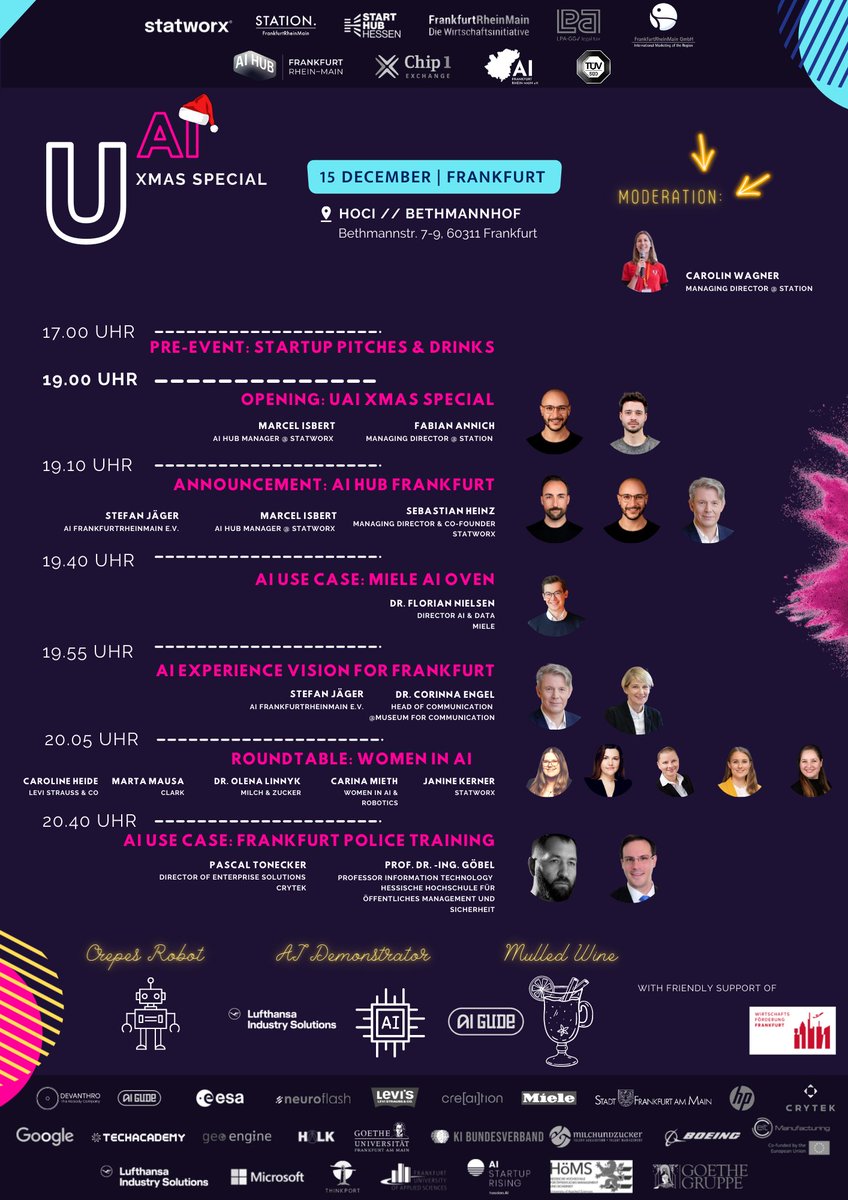 🎅👉All I want for Christmaaas … is U … AI 

🎤15.12 the AI Network will meet at the Villa Bethmann in Frankfurt to round up the year with cool AI Startup pitches, Crepes Robot and an AI &amp; Police talk
 
❗️Secure one of the last tickets at the UAI: tinyurl.com/UAIxMAS