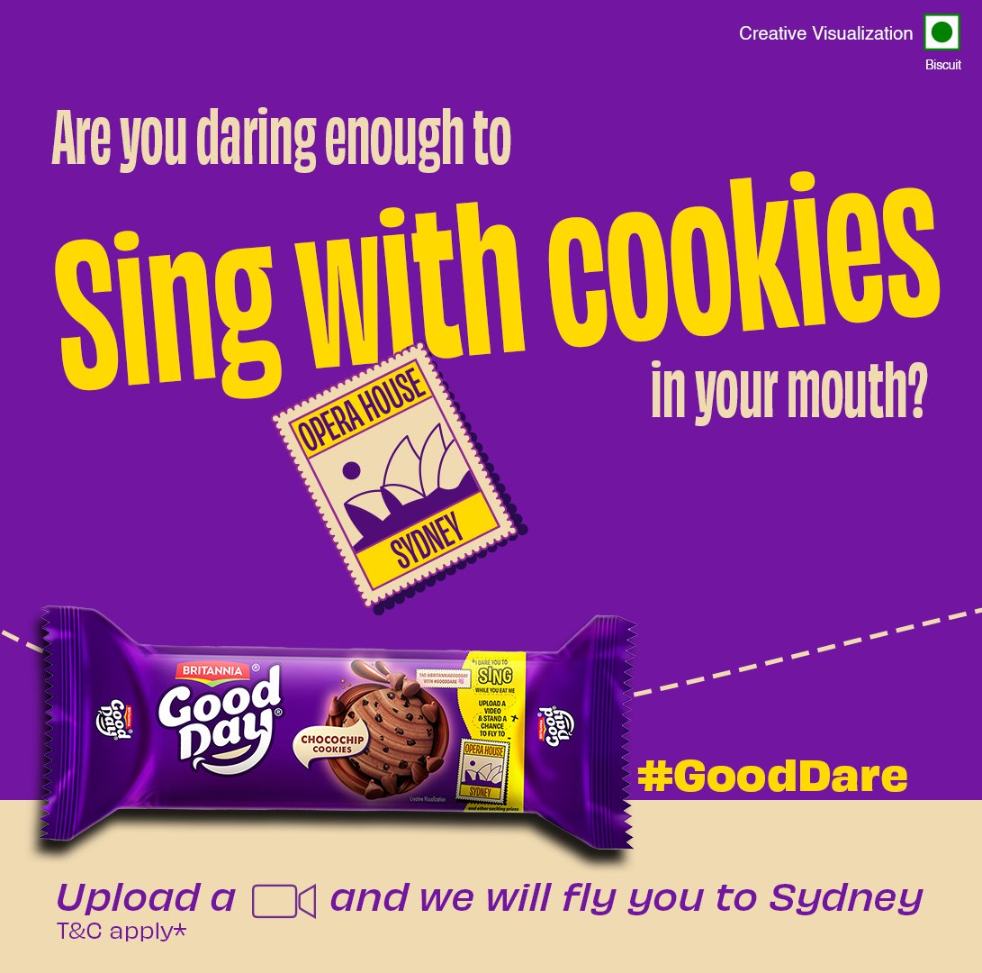 GoodDayCookies's tweet photo. Singing with a Good Day Chocochip in your mouth? Fun and rewarding, because you could win a trip to see the Opera House, Sydney. Record yourself and share a video, tagging @britanniagoodday_ on IG. Donβt forget to use #GoodDare.
For T&Cs visit https://t.co/ru9fuNnAFI https://t.co/cFF8hYkPpE