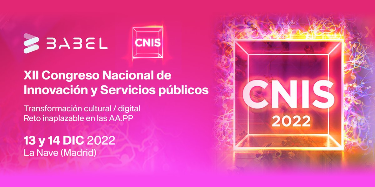 BABELgrupo's tweet photo. Babel participa en la XII edición de #CNIS2022, el Congreso Nacional de Innovación y Servicios Públicos, donde hablaremos sobre innovación en la administración electrónica.

No te pierdas nuestras intervenciones, tienes toda la información en 👉 https://t.co/ThcZJskk89 https://t.co/OB6G3SAedR