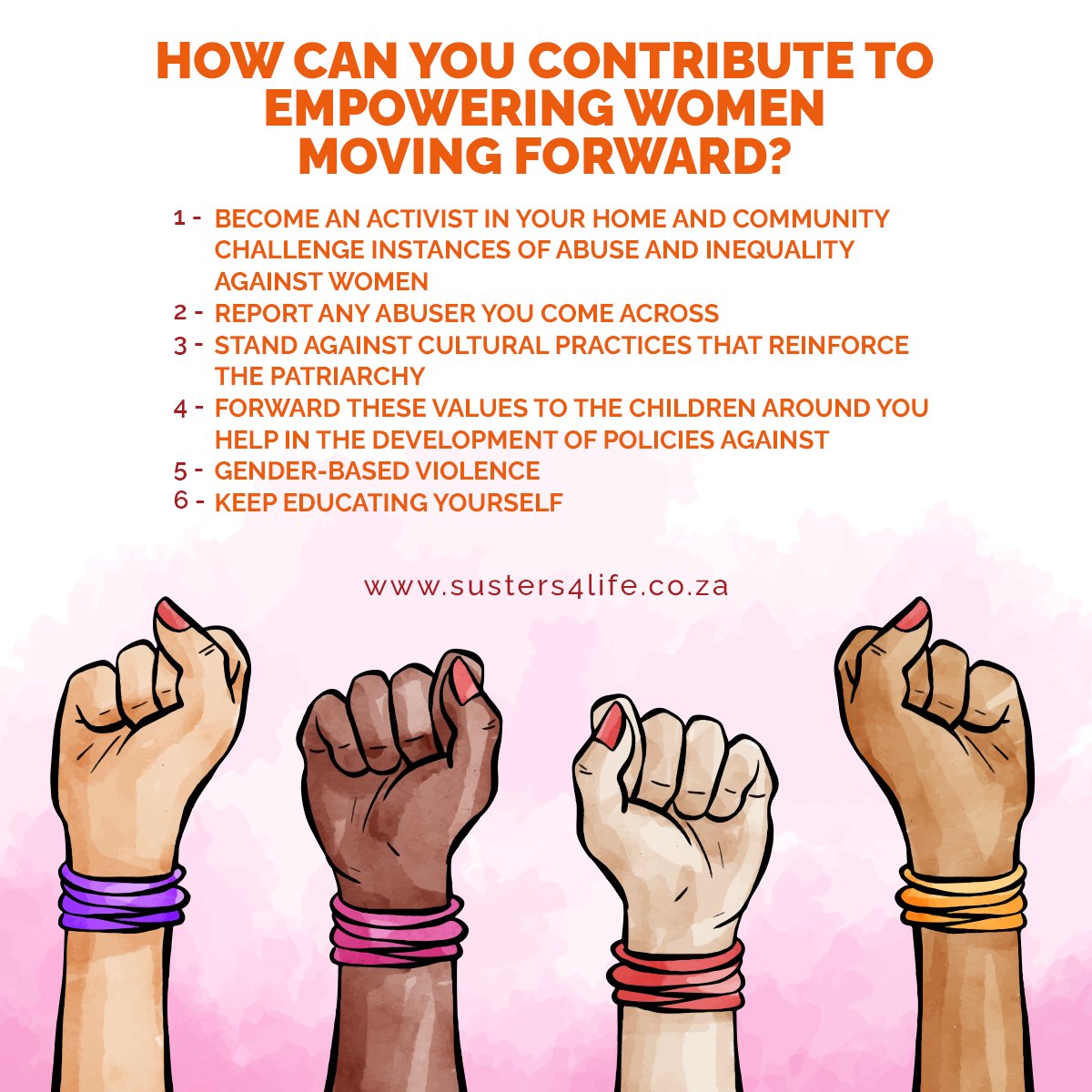 4Susters's tweet photo. As the 16 Days of Activism end, we must remember that this mission is an ongoing effort! Here’s how you play a role even after the 16 days have ended. 

What can you add? Let us know below.

#susters4life #4susters #womensupportingwomen #women #gbv https://t.co/8R966i1ZbJ
