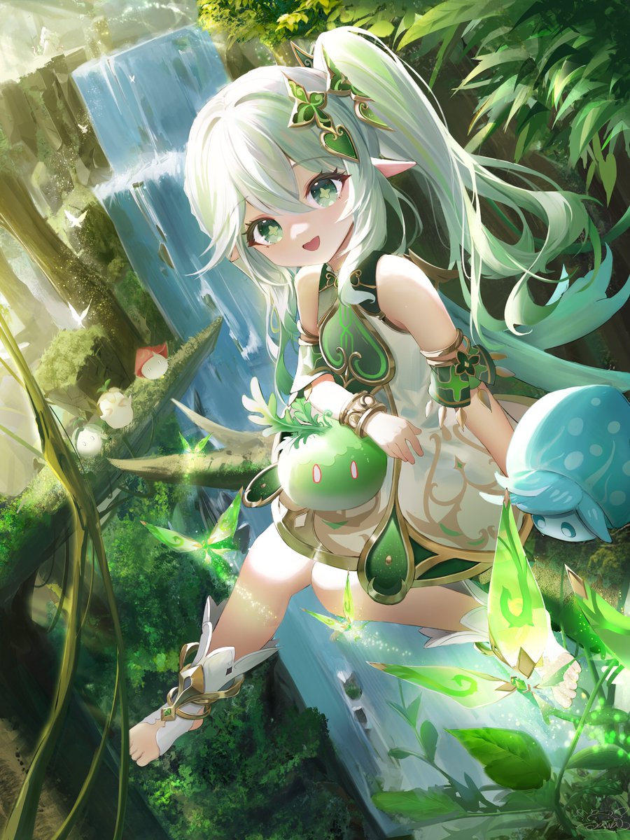 nahida (genshin impact) 1girl pointy ears green eyes waterfall long hair dress side ponytail  illustration images