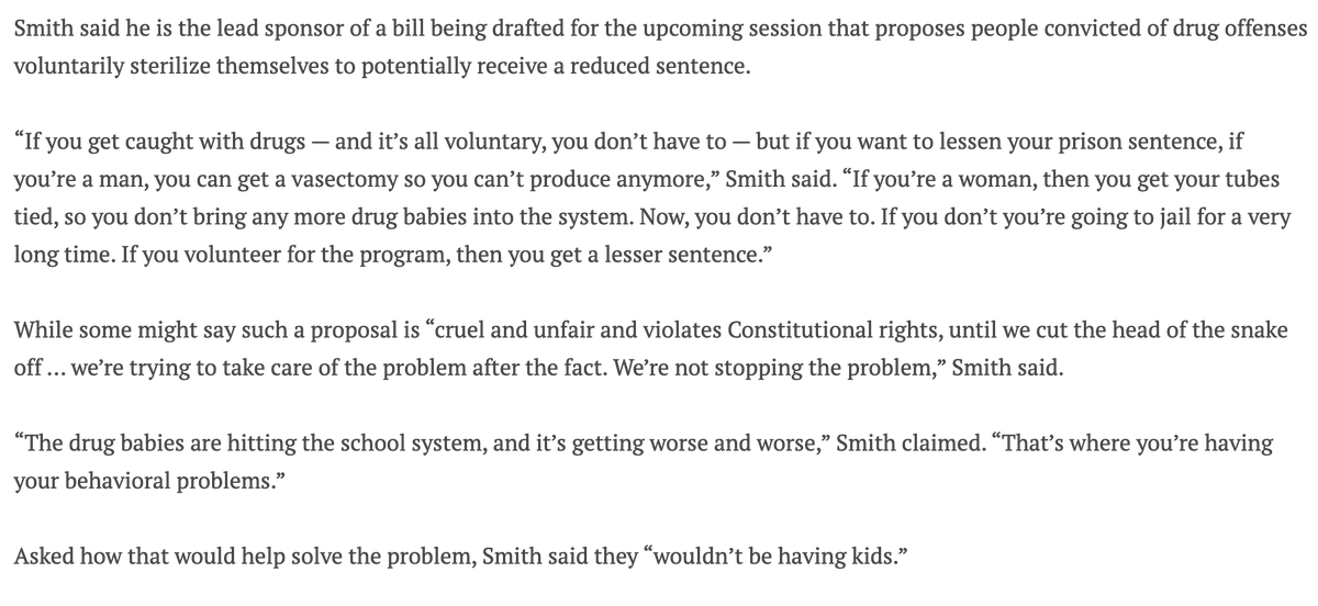 To anyone who missed it, Sen. Smith (R - Tucker) said he's drafting a eugenics bill for the upcoming session to prevent people who use drugs from having kids.