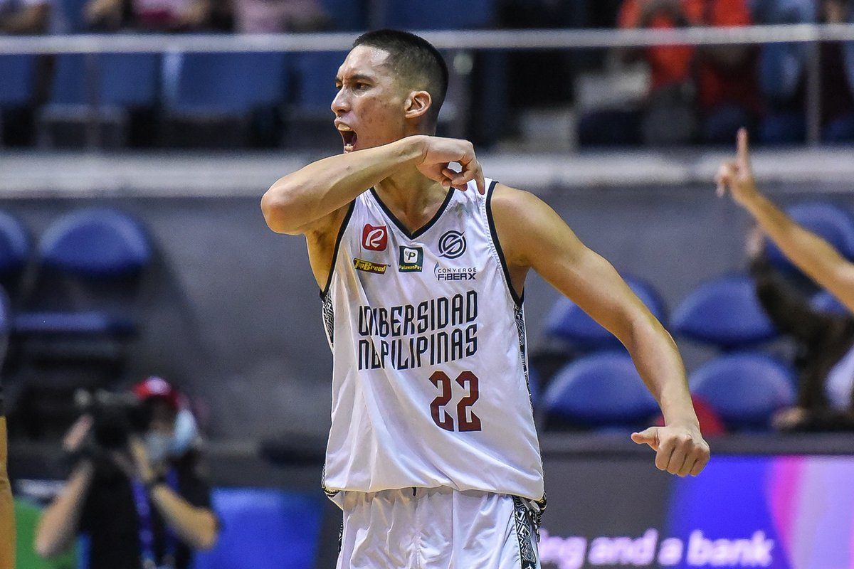 upmaroonpride's tweet photo. FINALS-BOUND! The UP Men's Basketball team secures a spot in the #UAAPSeason85 finals after beating NU! Congratulations, UP! #UPFight #MaroonPride https://t.co/5fliEMnpAm