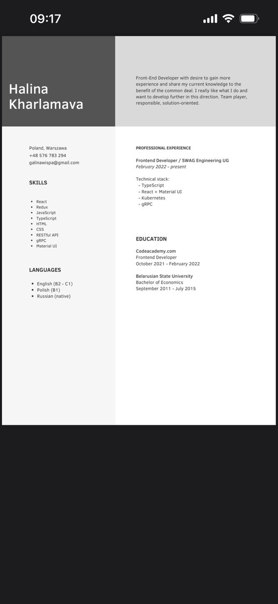 Ищу работу на должность junior front end developer.