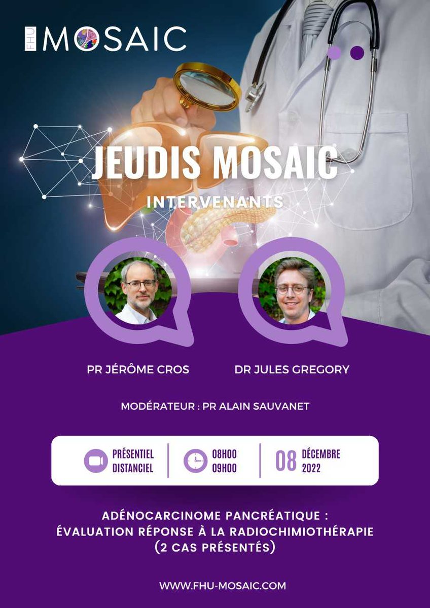 FHU MOSAIC (@fhu_mosaic) on Twitter photo Tomorrow : 8:00 AM💡Mosaic' thursdays
Pr <a href="/cros_jerome/">Cros Jerome</a> & Dr <a href="/Jules_GREGORY_/">Jules GREGORY</a> will introduce Pancreatic adenocarcinoma: evaluation of the response to radiochemotherapy
Moderate by Alain Sauvenet
Check out fhu-mosaic.com/les-jeudis-mos… for more information
<a href="/criu1149/">CRI - Centre de Recherche sur l'Inflammation</a> <a href="/hopitalbeaujon/">Hôpital Beaujon AP-HP</a> Tomorrow : 8:00 AM💡Mosaic' thursdays
Pr <a href="/cros_jerome/">Cros Jerome</a> & Dr <a href="/Jules_GREGORY_/">Jules GREGORY</a> will introduce Pancreatic adenocarcinoma: evaluation of the response to radiochemotherapy
Moderate by Alain Sauvenet
Check out fhu-mosaic.com/les-jeudis-mos… for more information
<a href="/criu1149/">CRI - Centre de Recherche sur l'Inflammation</a> <a href="/hopitalbeaujon/">Hôpital Beaujon AP-HP</a>