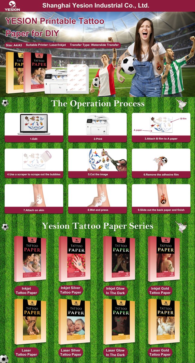 yesion06's tweet photo. Yesion Printable Tattoo Paper 
Customize and create your own temporary tattoos
To Celebrate FIFA World Cup Qatar 2022
Transfer media for temporary "tattoo". Easily applies on skin. Can be washed out with warm water and soap at any time.
#tattoopaper #tattoos #WorldcupQatar2022 https://t.co/uaHlvTfH1x