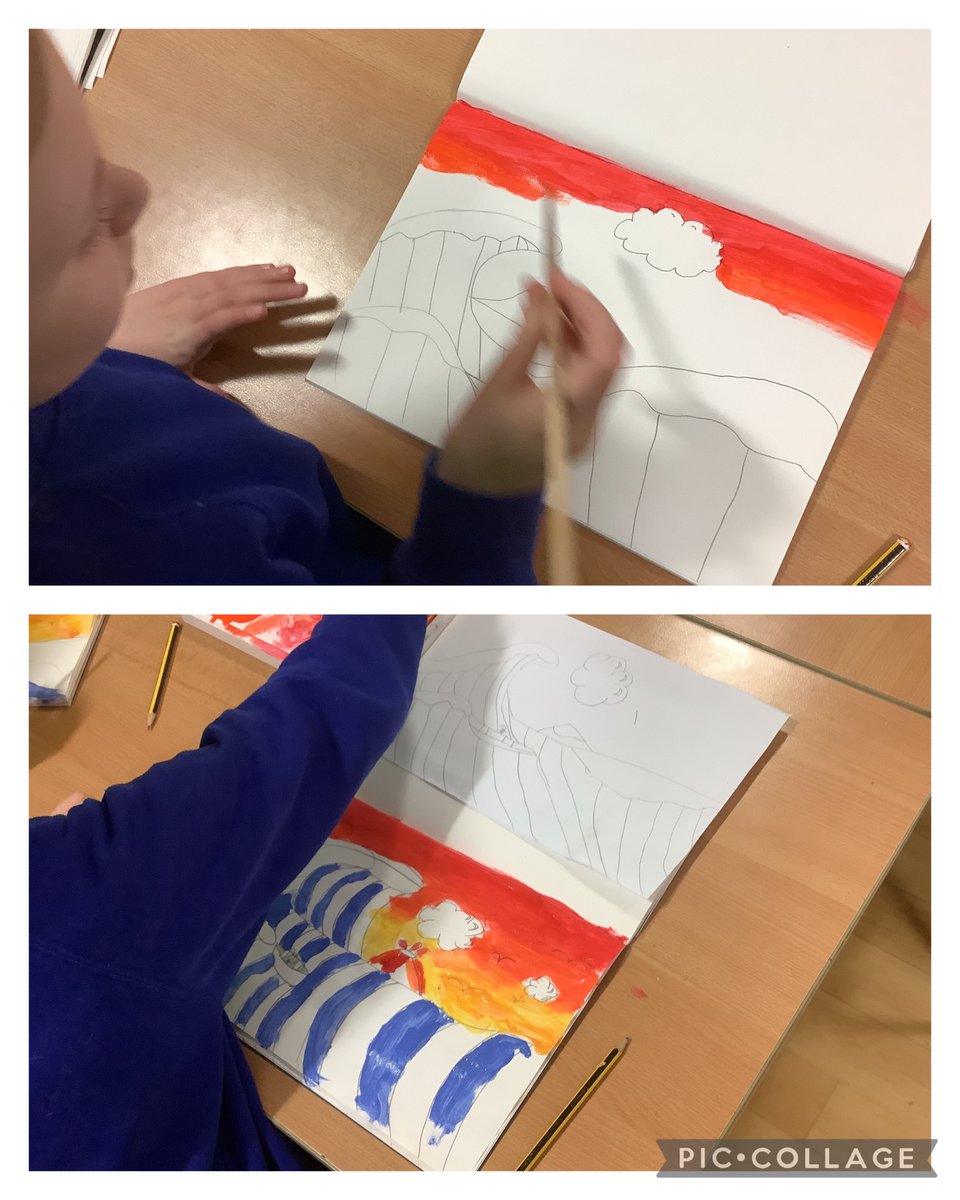 OABroadoak's tweet image. 4BT have created their own version of Hokusai’s Great Wave. We sketched our landscape, used blending techniques for the sky and mixed grey with a blue hue to create different tones of blue #y4 #patient #selfcontrolled