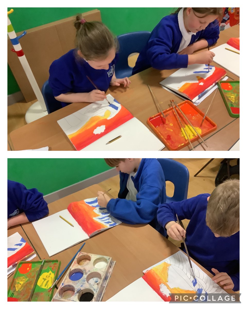 OABroadoak's tweet image. 4BT have created their own version of Hokusai’s Great Wave. We sketched our landscape, used blending techniques for the sky and mixed grey with a blue hue to create different tones of blue #y4 #patient #selfcontrolled