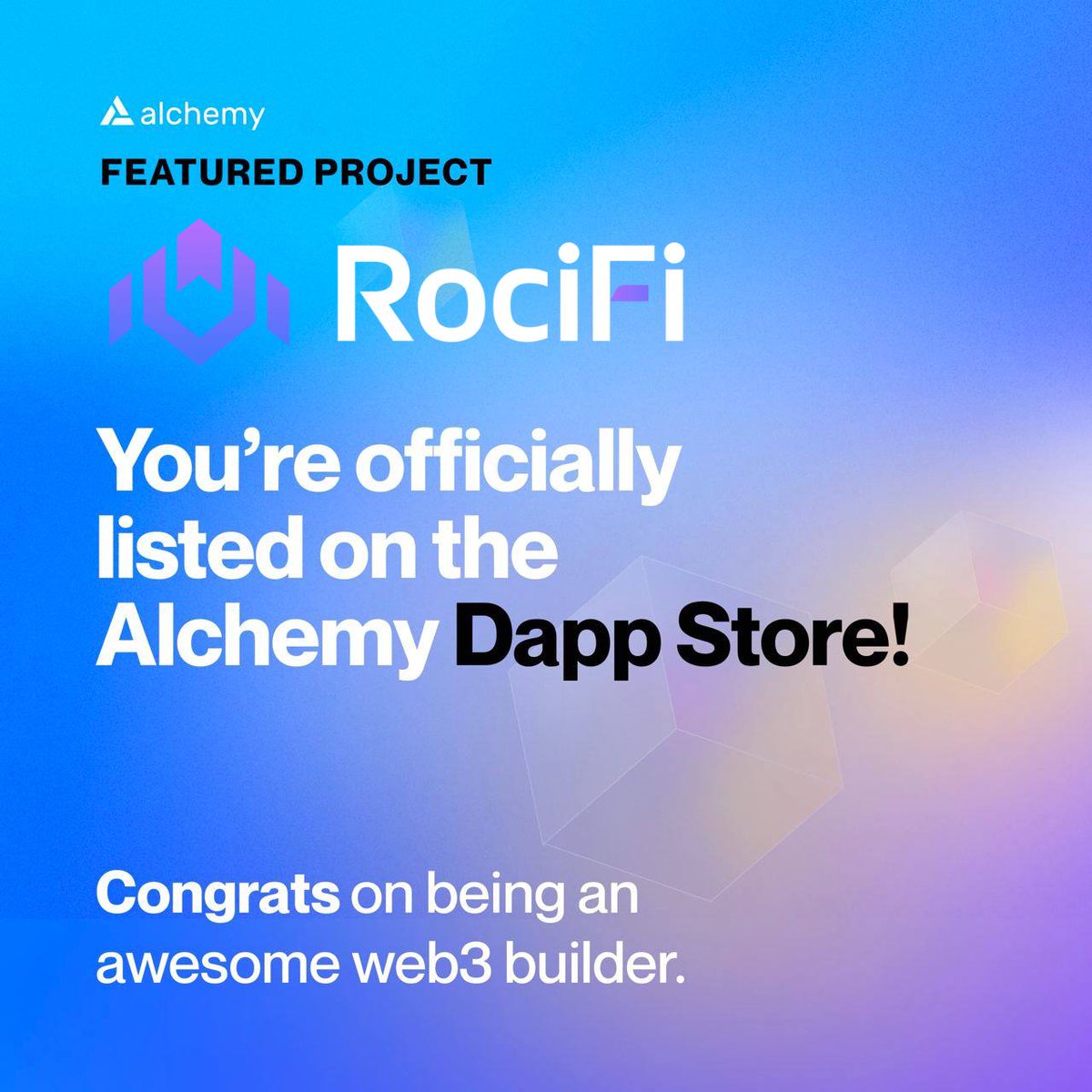 Alpha reveal 🎉 We made it into the new #web3 Dapp Store from @AlchemyPlatform! We’re here to help #web3 retail users improve their lives with on-chain credit scores and under-collateralized loans. 

Find us 👉🏾 alchemy.com/dapps/rocifi