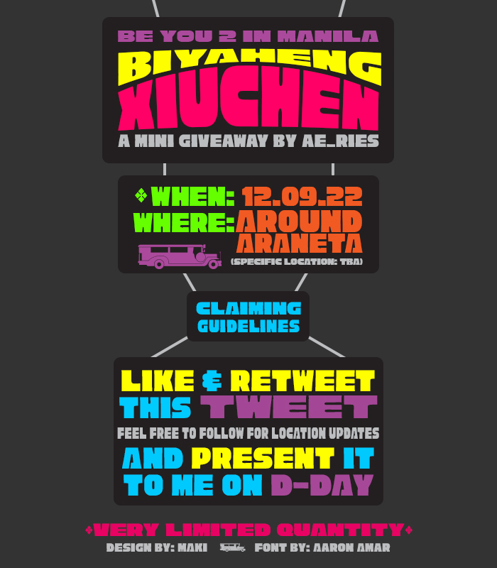 ae_ries's tweet photo. BIYAHENG XIUCHEN
- a #BeYou2inManila mini giveaway by @ae_ries
I'll be giving out some fan-made stickers inspired by Jeepney signboards. See photos for details.
#aeriesph #stickernimaki https://t.co/U3H75XgfgQ