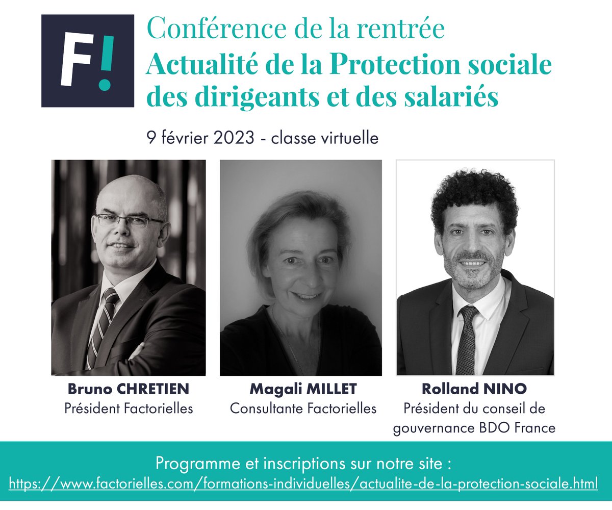 📅 09/02/2023 - Grande conférence d'actualité de la protection sociale : réformes #retraite, épargne salariale, #CIPAV, #LFSS2023
👉 Programme et inscriptions : lnkd.in/eqtwm6Dr
Animée en distanciel par <a href="/BrunoChretien/">Bruno Chretien</a> , Magali MILLET et <a href="/RollandNINO/">Rolland NINO</a>