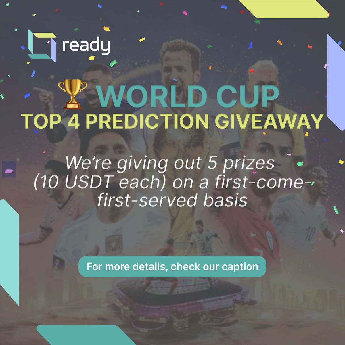 goreadyio's tweet photo. ๐ย World Cup Giveaway
How to join:
โ
ย Fill this form: https://t.co/eNRIHxPk8m
โ
ย Retweet our pinned post, tag 3 friends, caption: โ#ReadyApp #ReadyBeta #BetaRelease #OpenBeta #Tester #Airdropโ
โ
ย Download our app: https://t.co/9JJcDAB8Kg https://t.co/3dxyEisoam