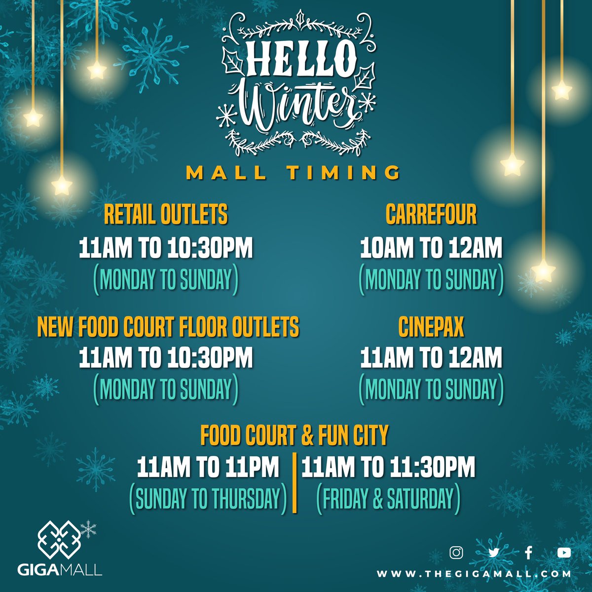 TheGigaMall's tweet photo. Giga Mall Timings Update!
Keep following us for updates.
#gigamall #gigagroup #gigamalltimings #shoppingmall #shopping #Islamabad #newtimings #timings #updatedtimings #malltimings #adventure #lifeatFunCity #GigaMall #rawalpindi #WTCPAK https://t.co/mSxVSegRc2