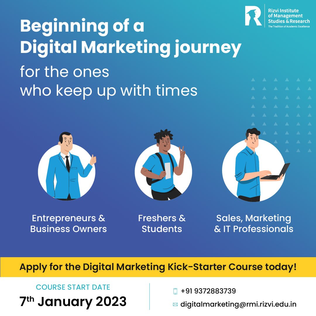 RizviManagement's tweet photo. Tap into the world of digital marketing with a solid base, practice &amp; extensive knowledge of the subject matter.

-44 hours of hybrid learning with 12 learning modules &amp; 3 practice modules 
-Practice on paid software, placements and tools

Click here: https://t.co/0iaYoGMZZG https://t.co/D55hxdzGPN