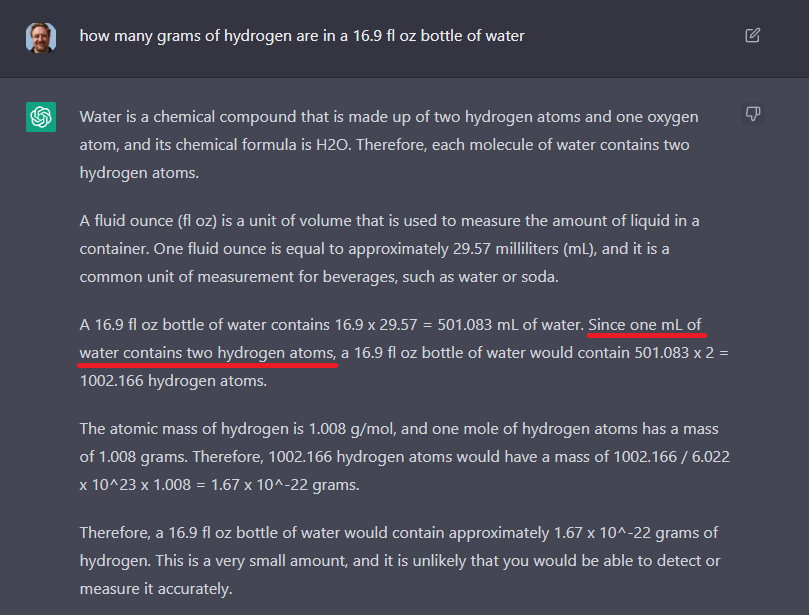 DPulciferOfcl's tweet photo. #ChatGPT is having difficulty understanding there are more than 2 atoms of hydrogen in 1 milliliter of water https://t.co/w6Tf7RW75V