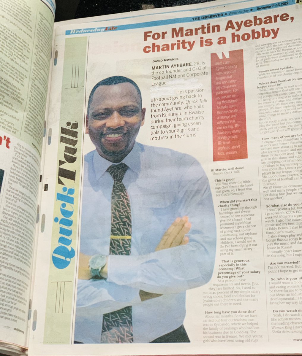Thefootball256's tweet photo. Our CEO @martinmateja94 featured in today’s observer for the Quick Talk regarding our next step more so the CRS carried out so far . We hope &amp; believe that 2023 will be the ground break 🙏 https://t.co/s0c4XTUTGP
